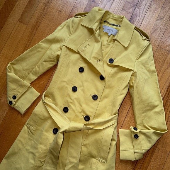 Hobbs London Double Breasted Trench Coat 2 Yellow Chartreuse Belted Spring - Picture 6 of 15